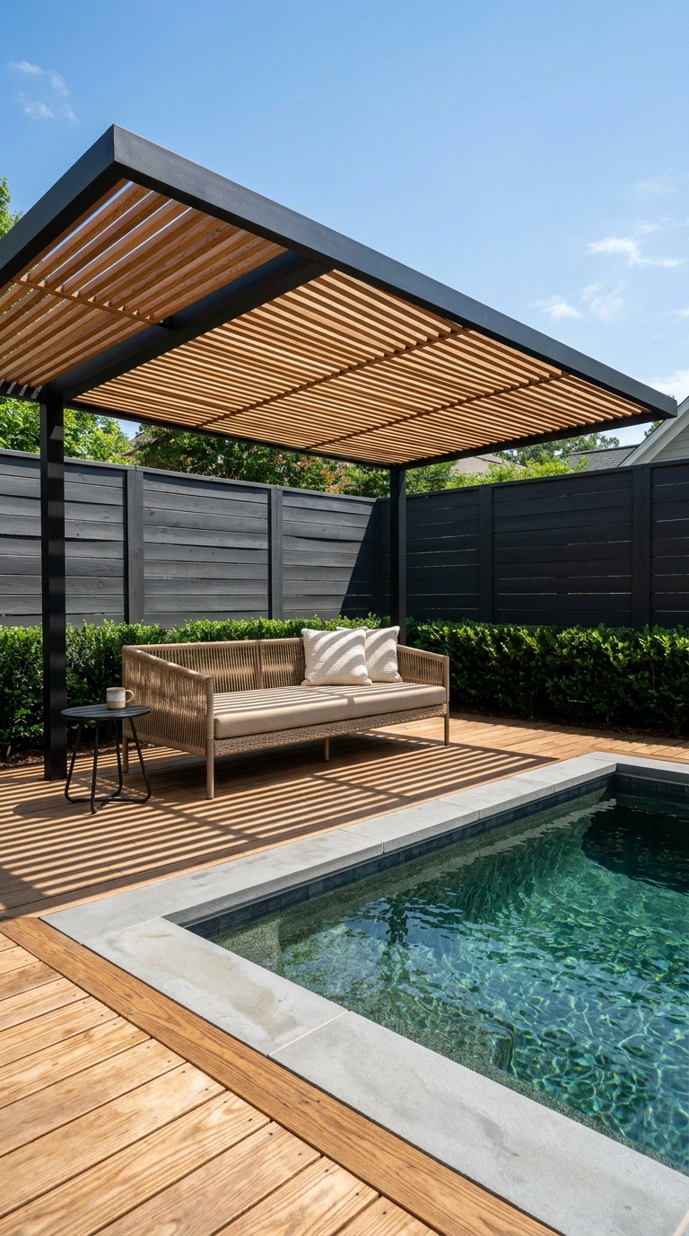 Small rectangular pool with a black steel and cedar slat pergola shading only the lounge half of the deck