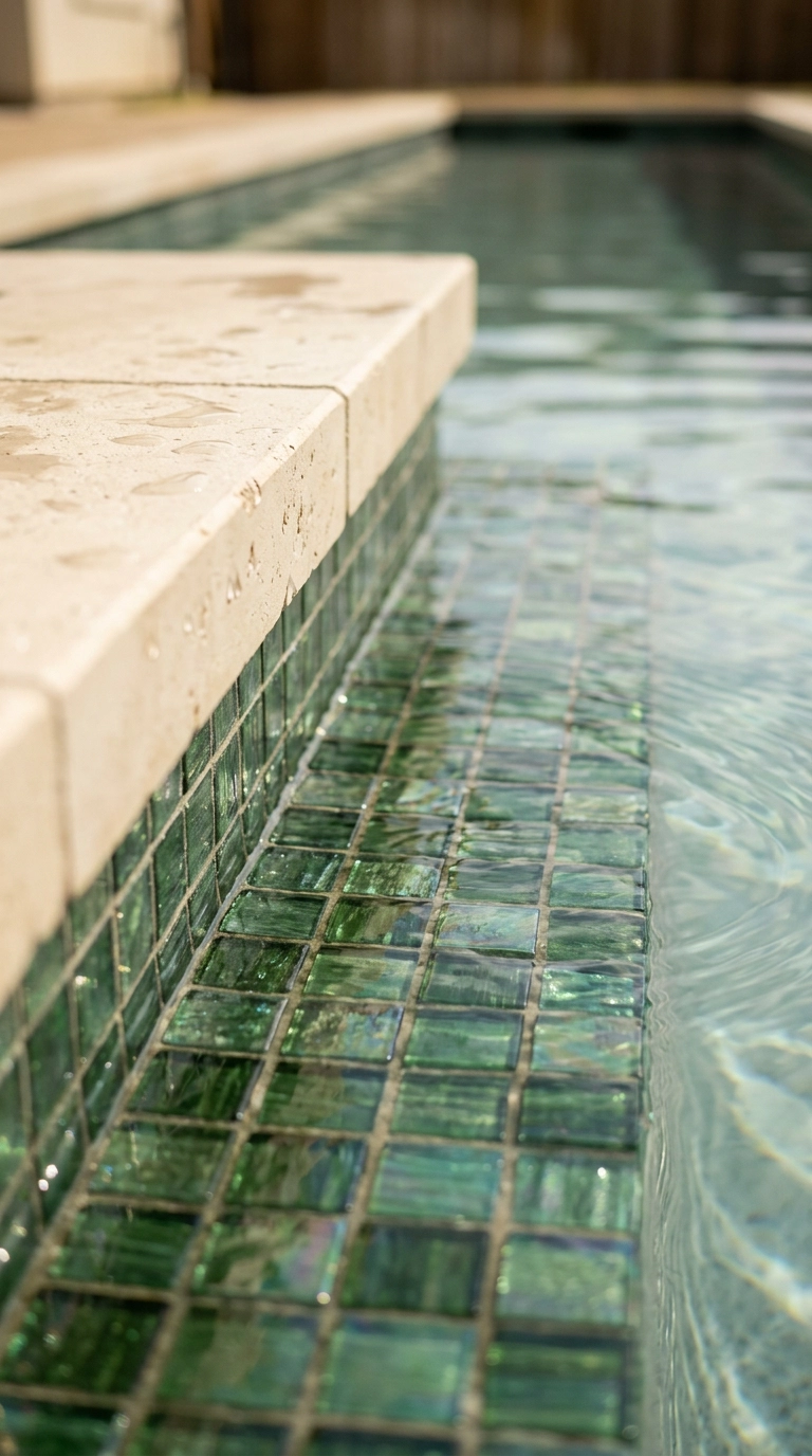 Close-up of deep green glass mosaic waterline tile band against honed limestone coping on a small lap pool