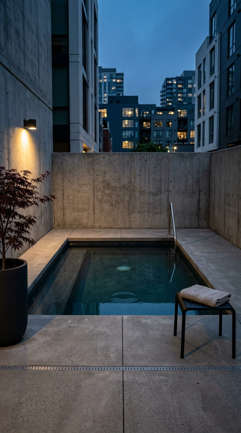 Small square plunge pool with dark charcoal plaster interior and sandblasted concrete surround at dusk