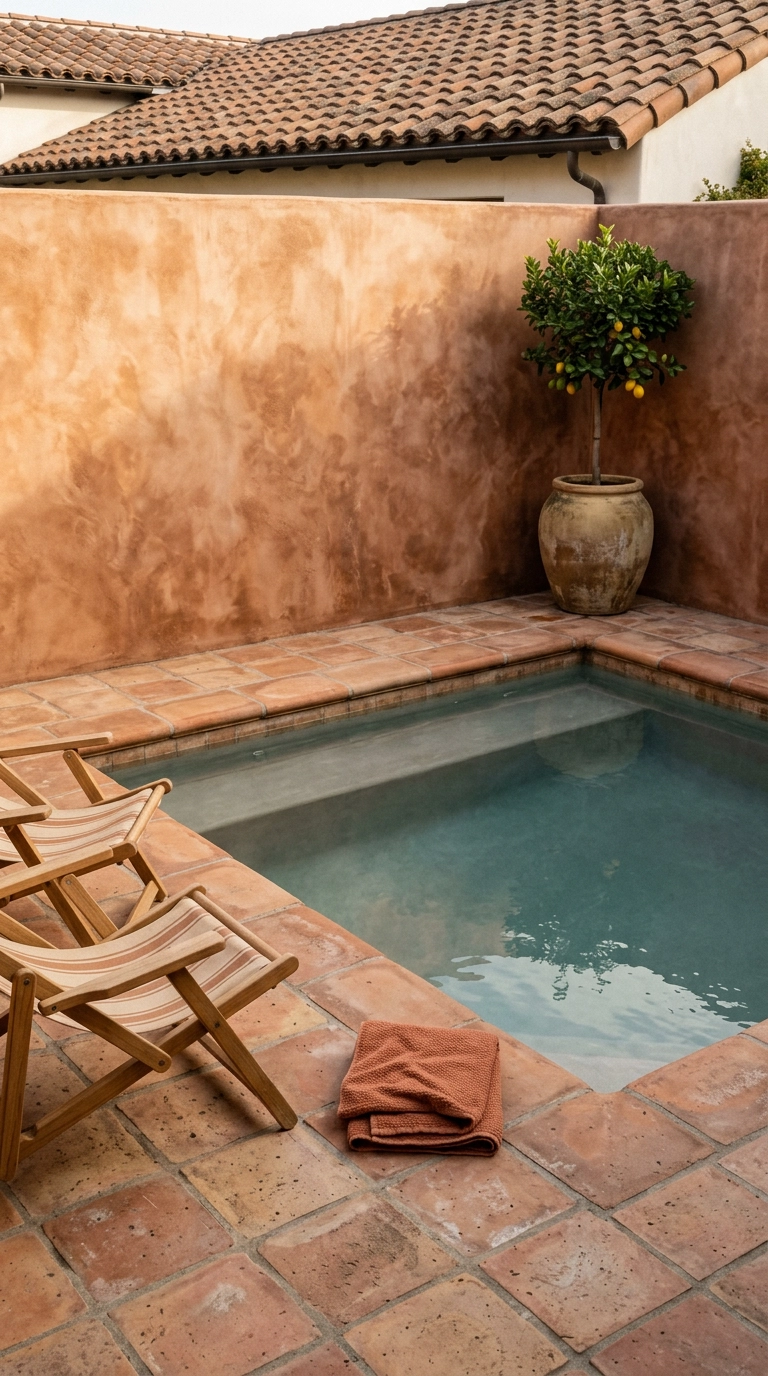 Small square spool with a warm clay limewashed perimeter wall and terracotta clay paver deck