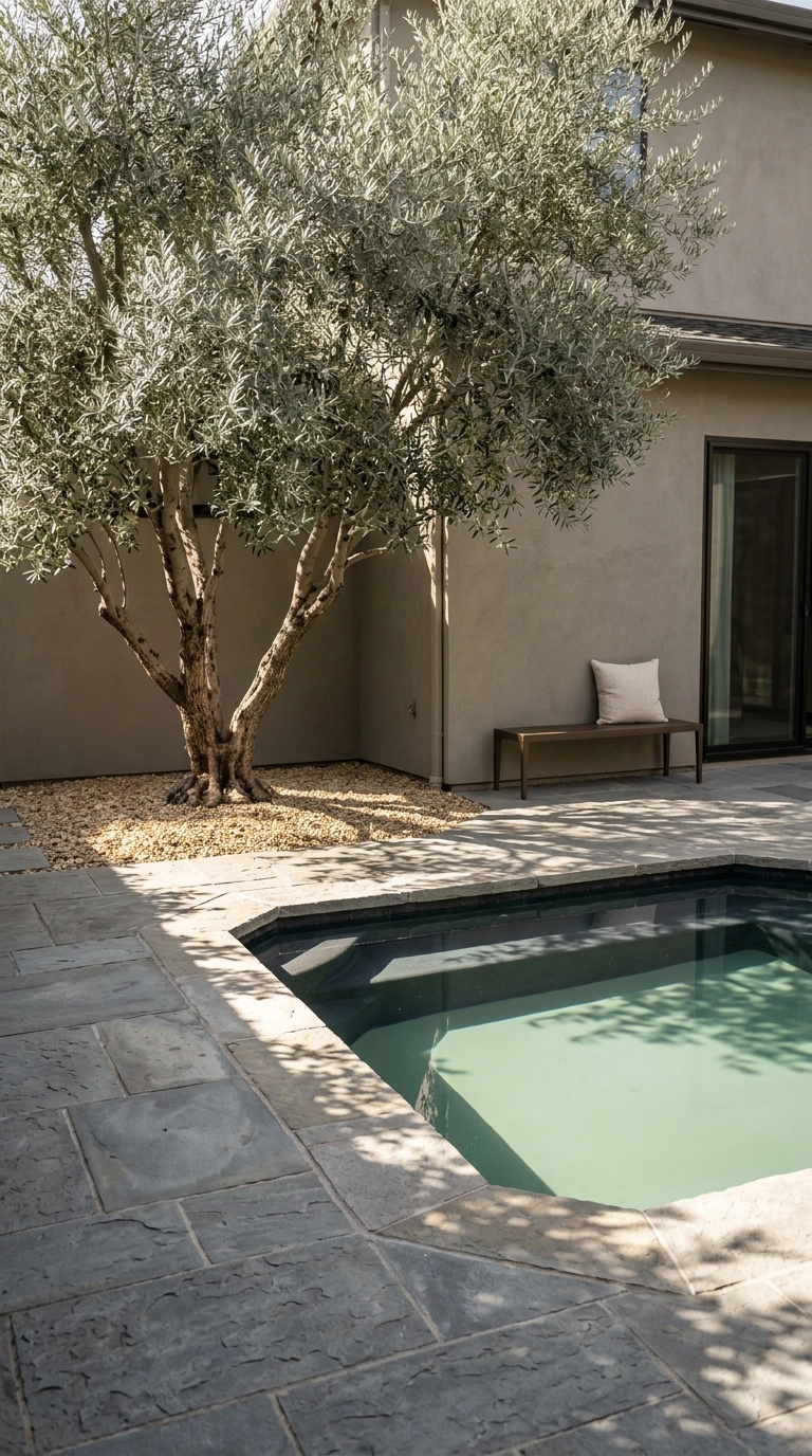 Small hexagonal plunge pool with one mature multi-trunk olive tree casting dappled shade on bluestone