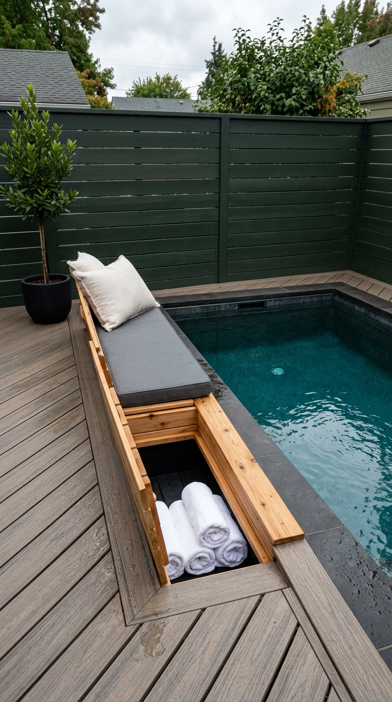 Small plunge pool with a built-in cedar bench whose hinged lid conceals rolled towel storage
