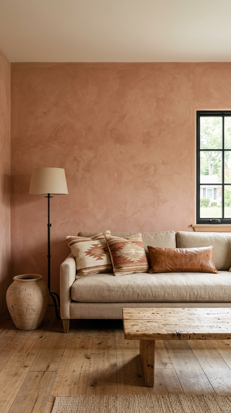 Southwest living room with a mottled terracotta limewash wall behind a sand linen sofa