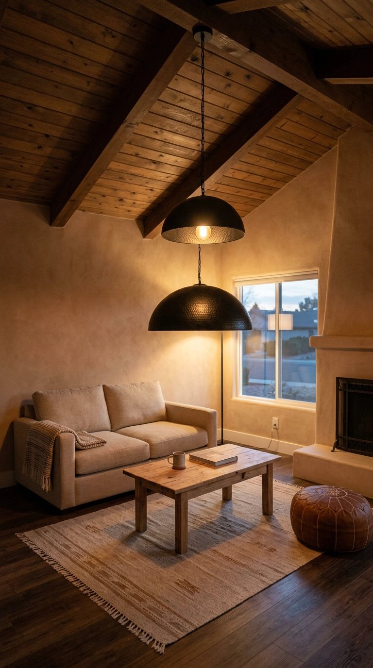 Simple black wrought iron dome pendant light above a raw pine coffee table