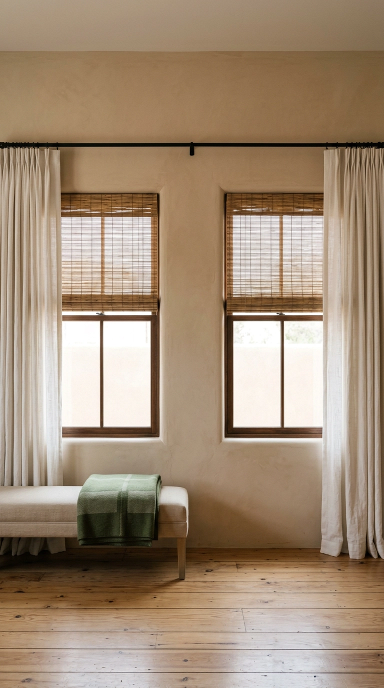 Woven reed shades layered under bone-white linen curtains on a sand plaster window wall