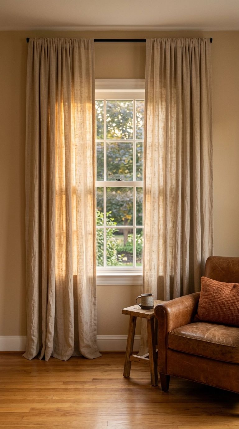 Oatmeal raw linen curtains hung high near the ceiling in a sand-toned southwest living room