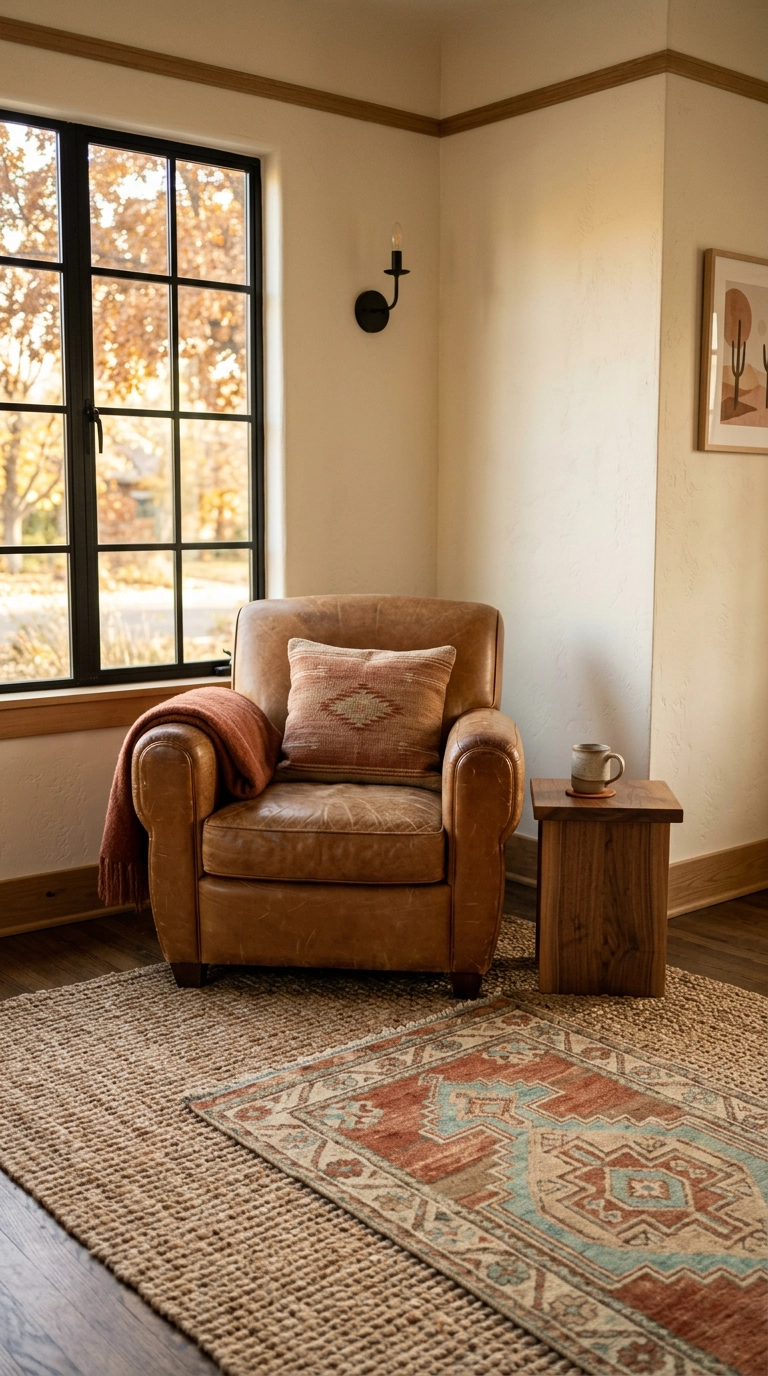 Vintage rust and turquoise kilim layered over a large jute rug in a southwest living room