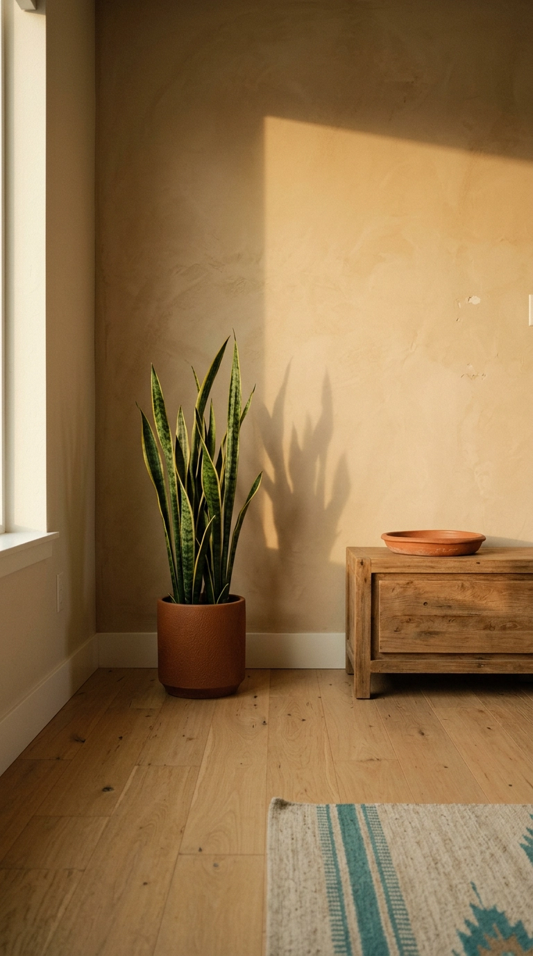 Single tall snake plant in a rust ceramic pot alone in a sand-walled corner