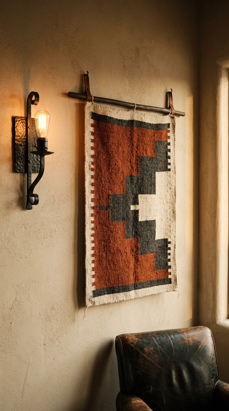 Handwoven geometric wool weaving in rust and cream hung on a sand plaster wall