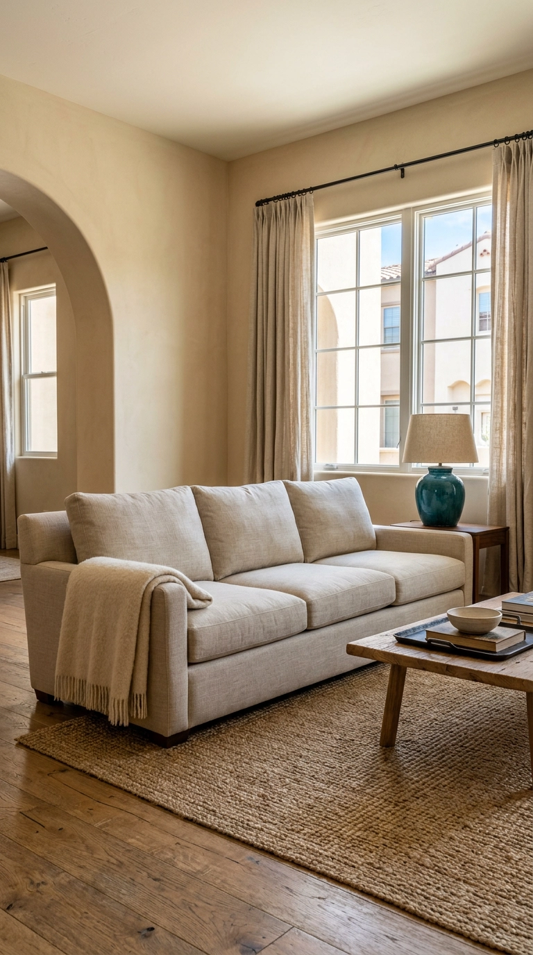 Southwest living room in sand and oatmeal with one deep turquoise ceramic lamp