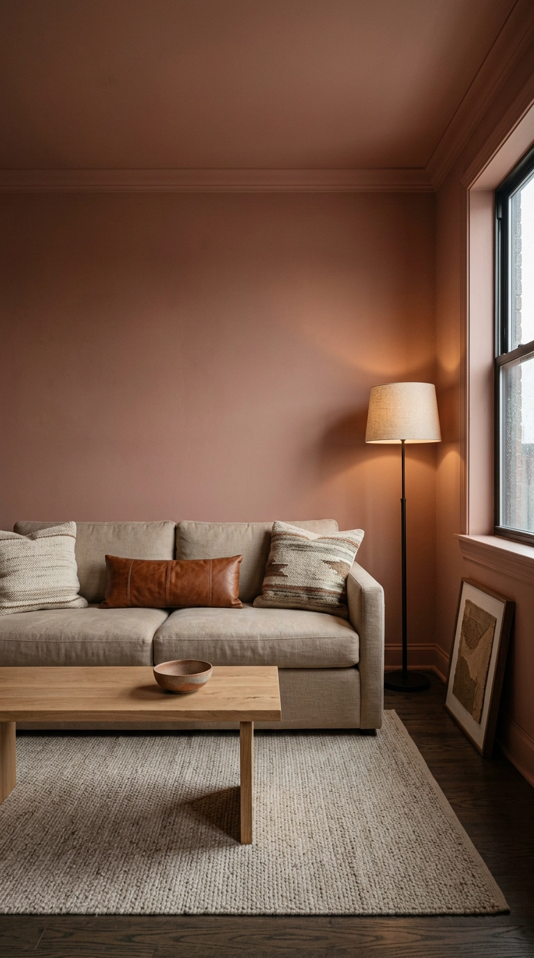 Small living room color drenched in warm clay rose with a sand linen sofa