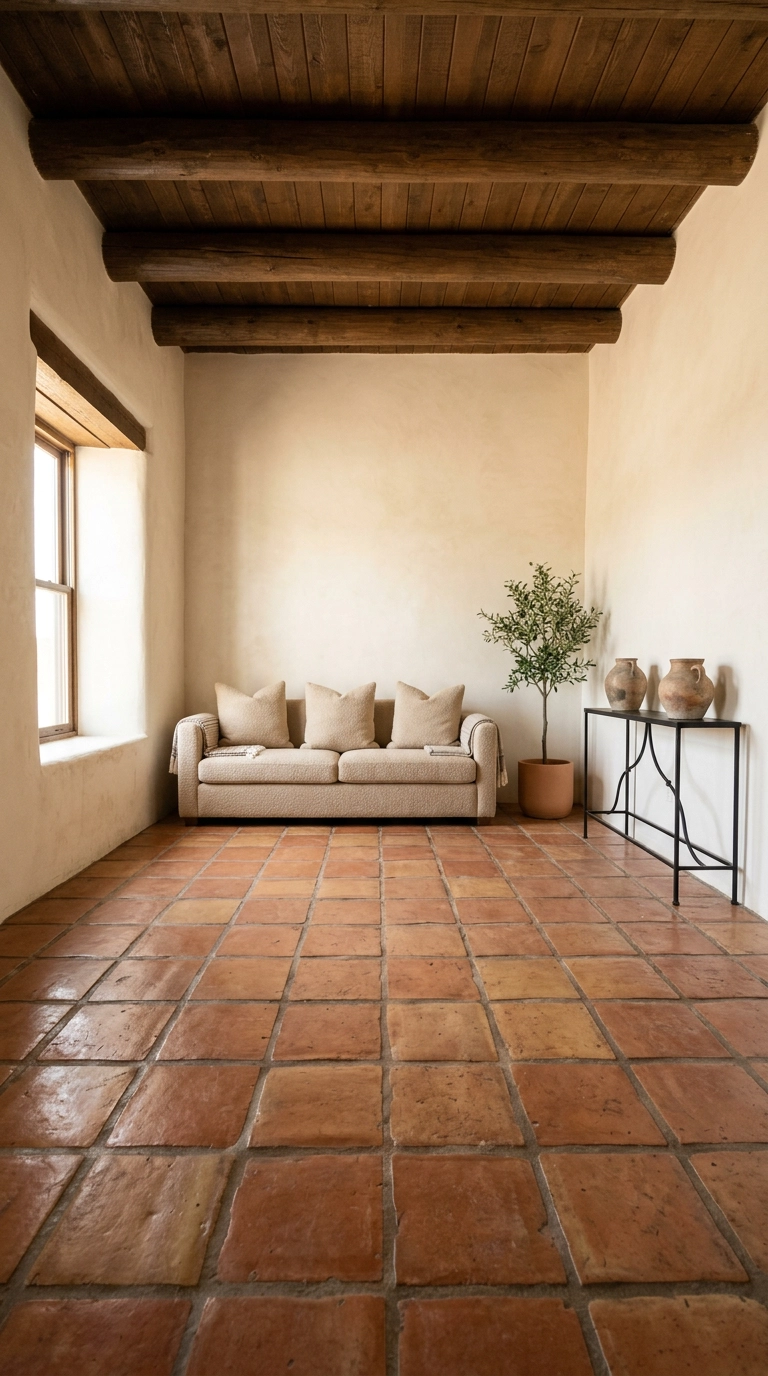 Warm clay Saltillo tile floor in a southwest living room with a sand bouclé sofa