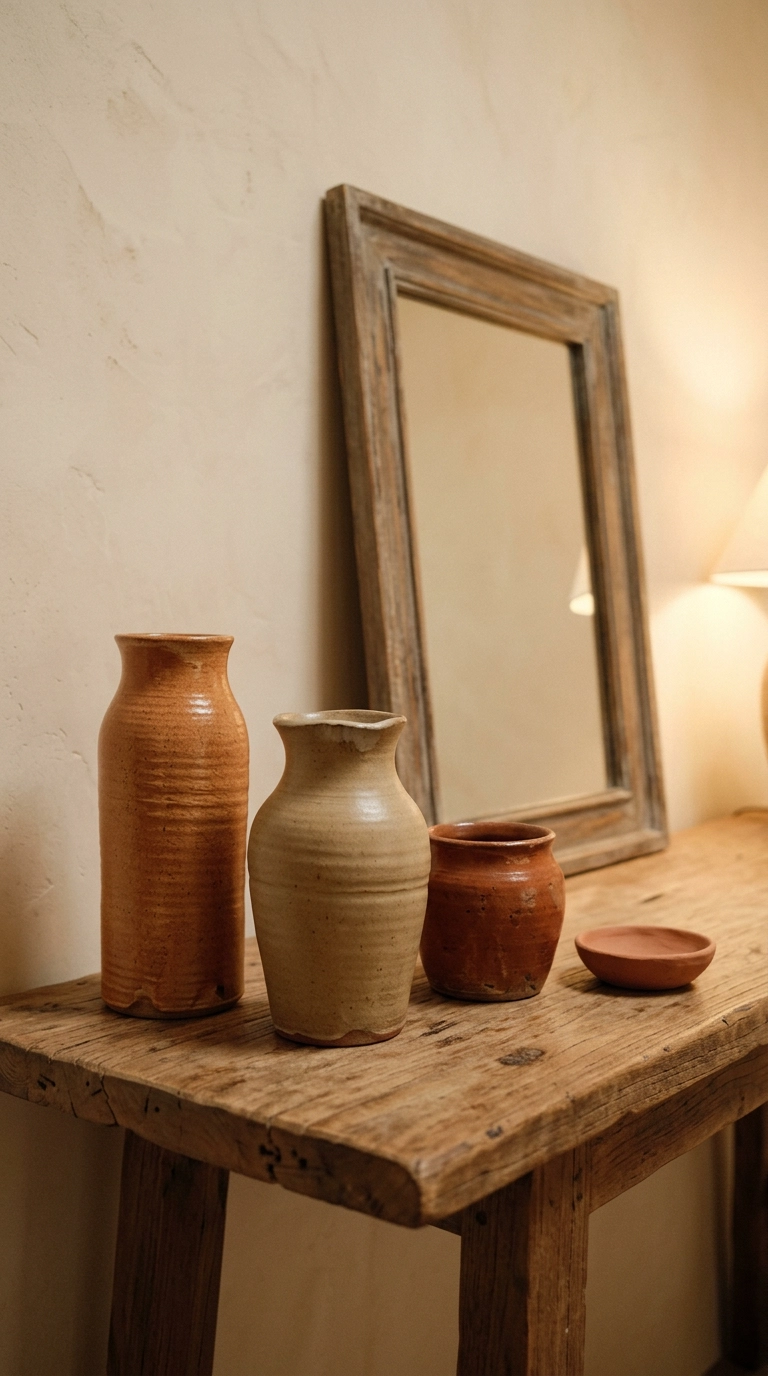 Three hand-thrown terracotta and sand clay vessels grouped on a raw wood console