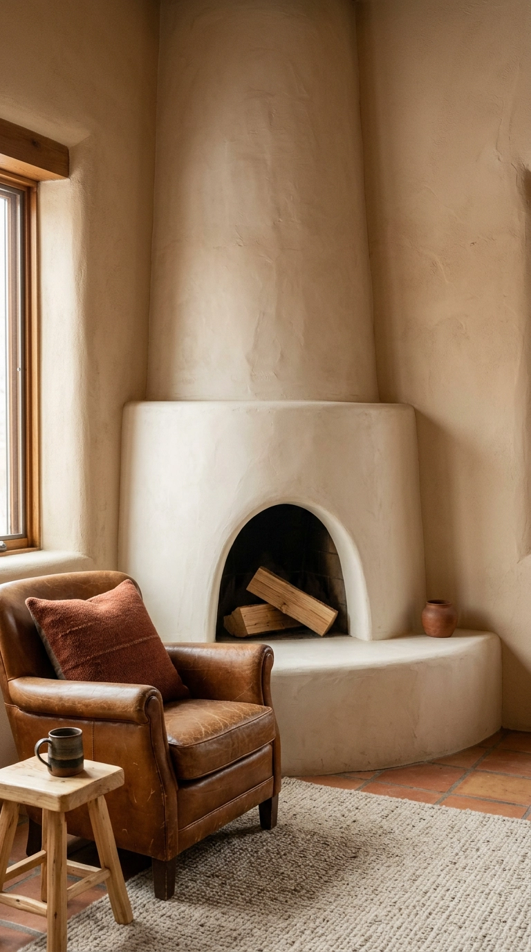 Rounded plaster kiva-style corner fireplace in bone-cream with a curved hearth ledge