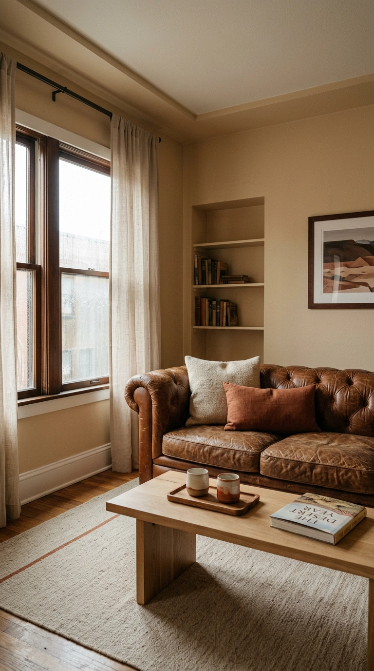 Aged cognac leather chesterfield sofa in a sand-toned southwest living room