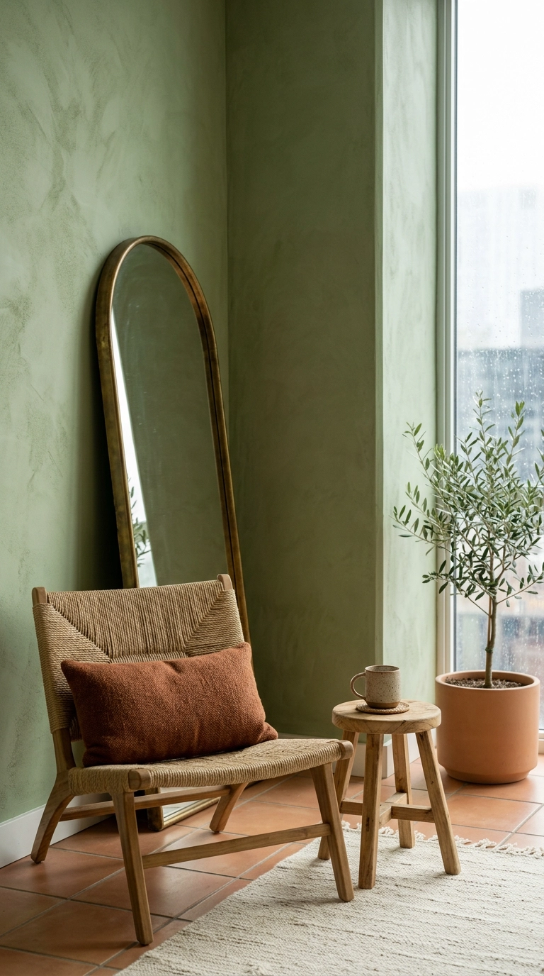Tall arched aged brass mirror leaning against a saguaro green plaster wall in a corner