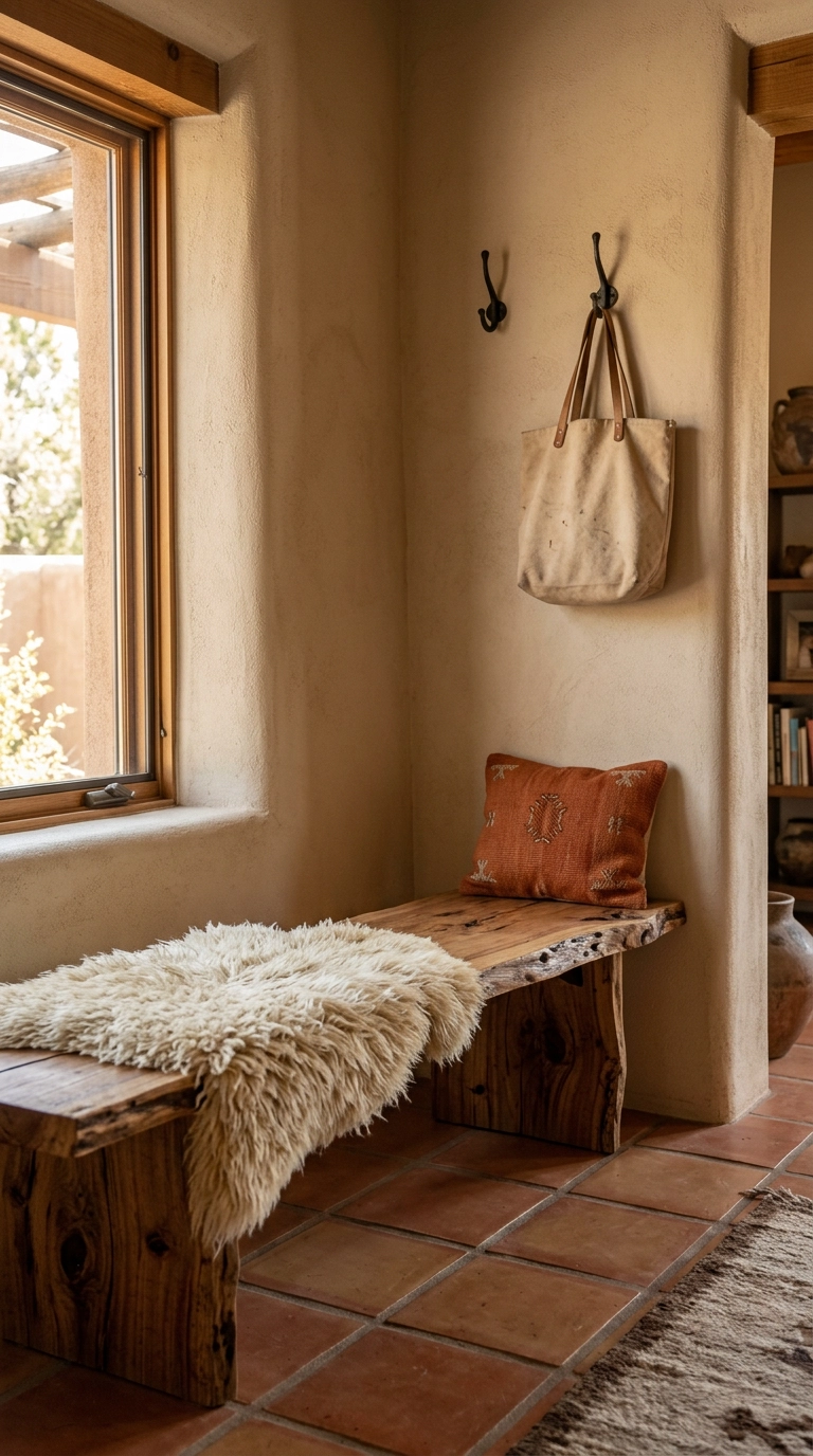 Low raw mesquite wood bench with cream sheepskin in a sand-walled southwest corner