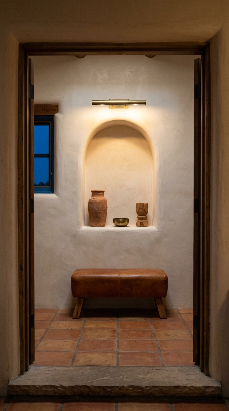 Arched plaster nicho wall niche holding clay and brass objects lit by a brass picture light