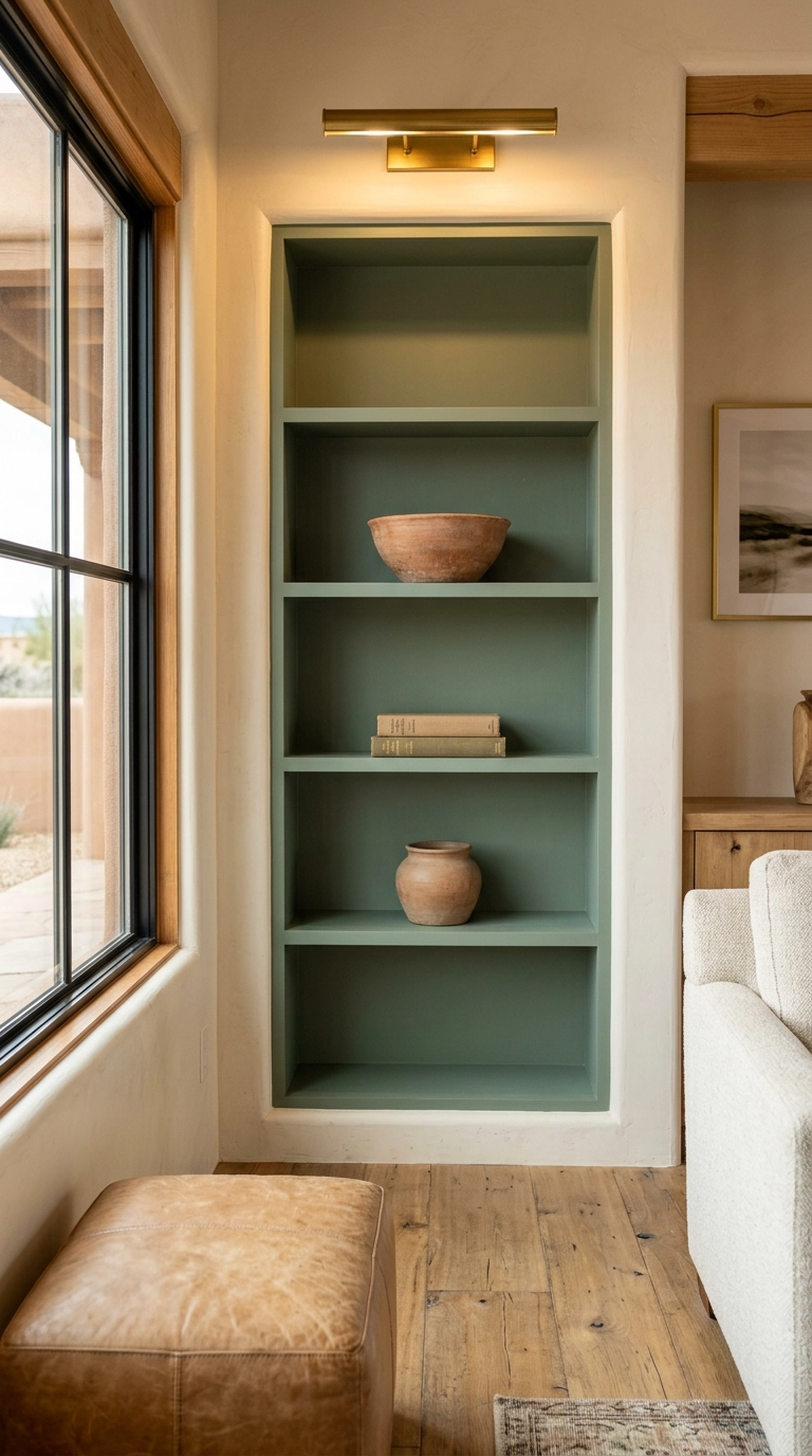 Built-in alcove shelving painted muted saguaro green with clay pottery and books