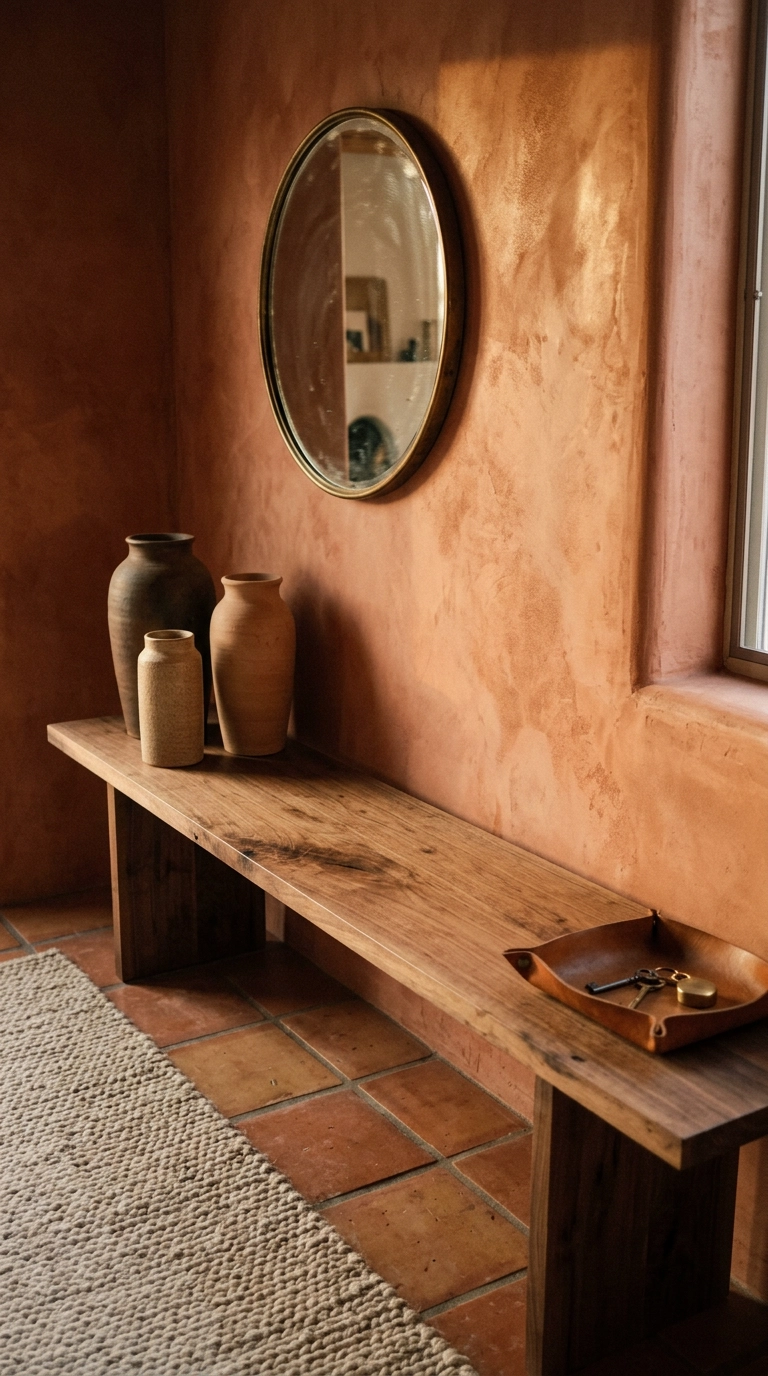 Long walnut console with grouped clay vessels and a brass mirror on a terracotta limewash wall
