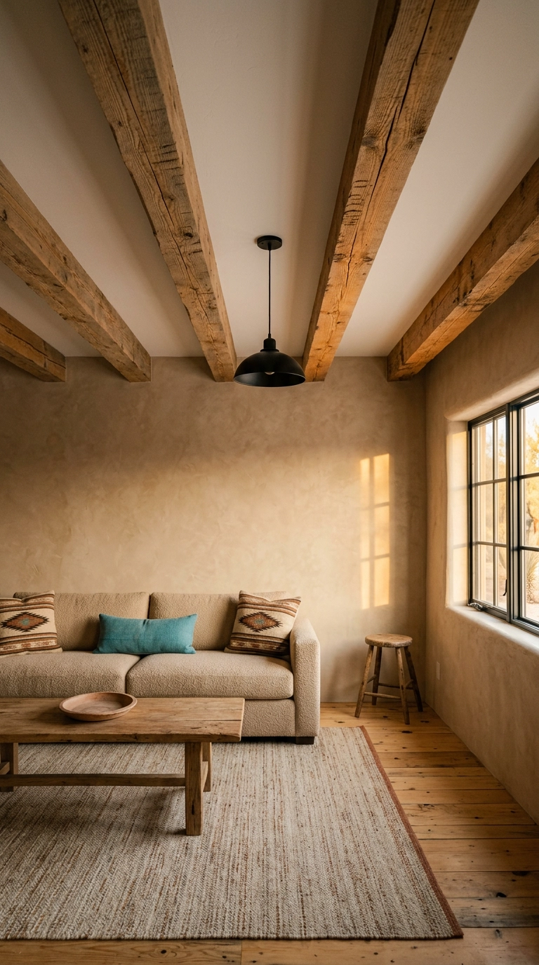 Rough-sawn douglas fir ceiling beams above a clay-walled southwest living room