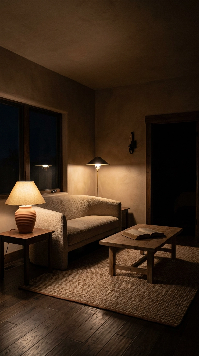 Southwest living room lit at night by a terracotta table lamp, iron sconce, and brass floor lamp