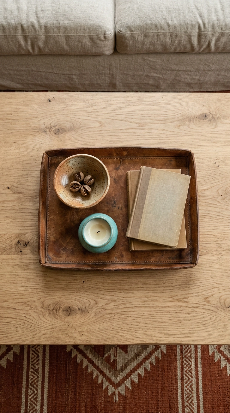 Overhead view of a leather tray with a clay bowl, turquoise candle, and two books on a raw oak coffee table