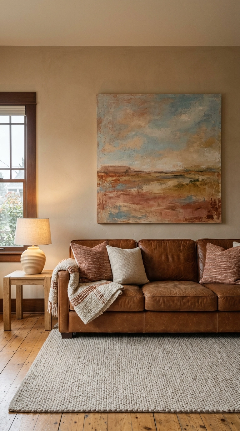 Oversized abstract rust and sand landscape canvas above a cognac leather sofa