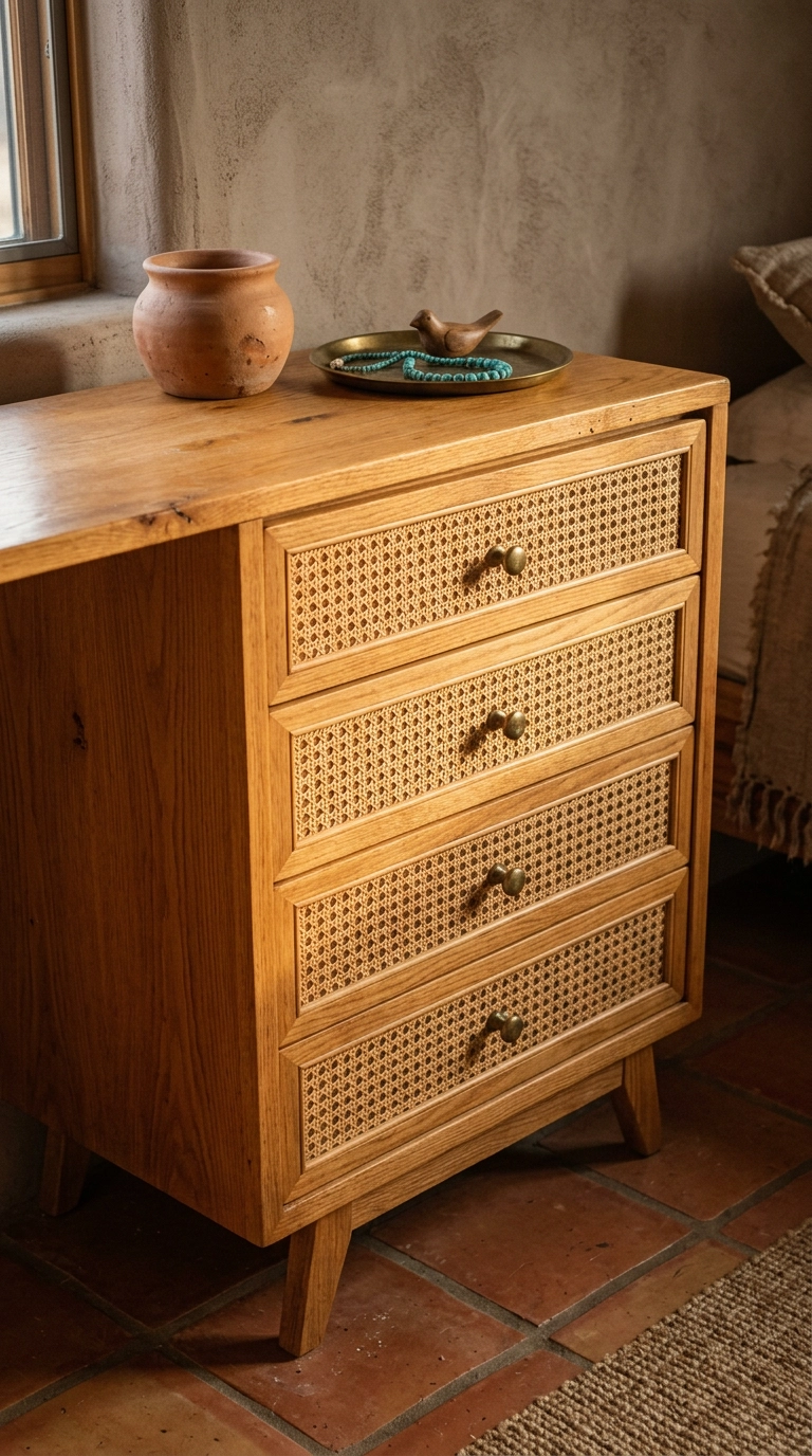 Mid-century dresser with natural cane webbing drawer fronts in a Southwestern bedroom
