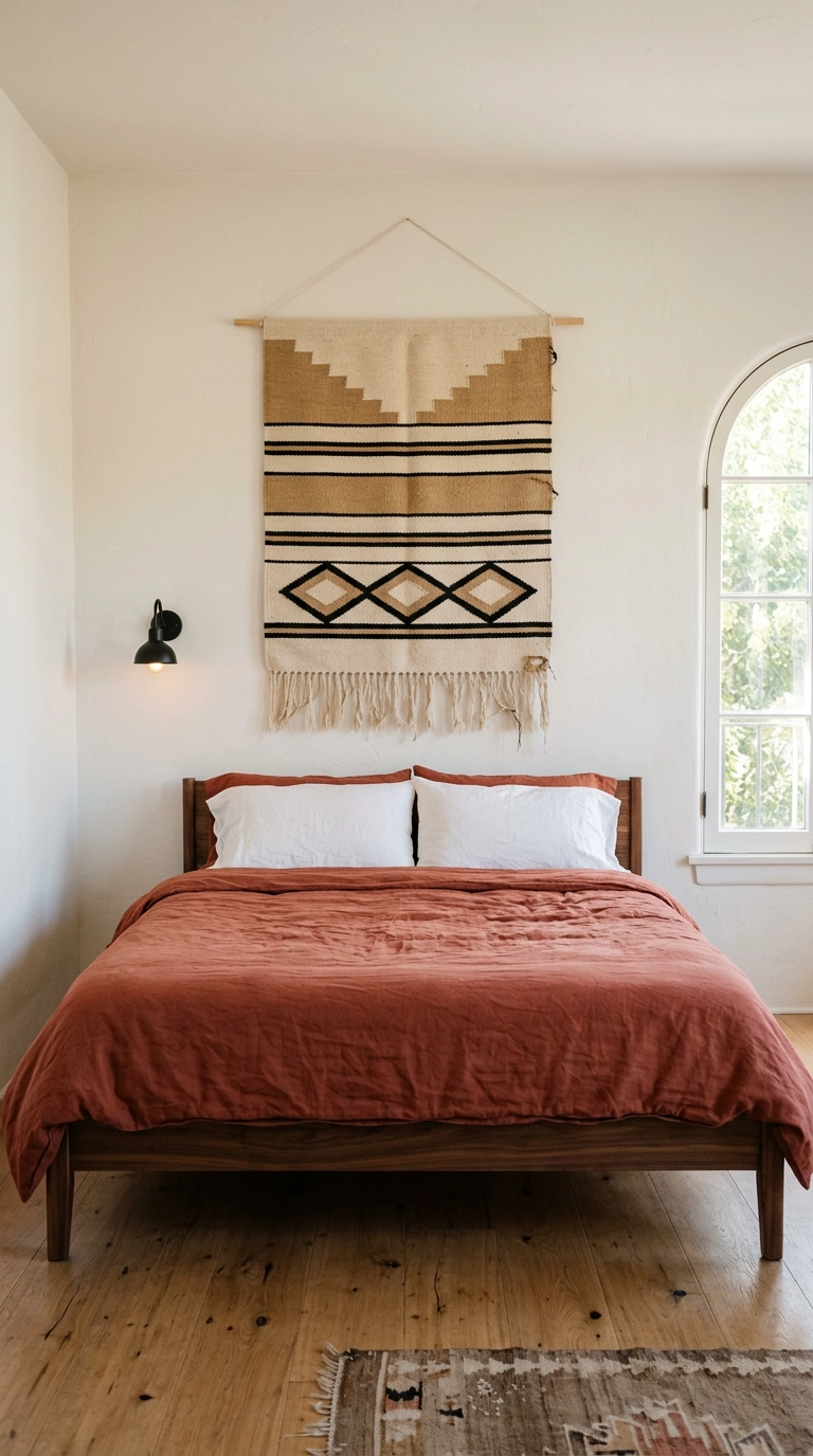 Handwoven wool tapestry hanging above a walnut bed in a Southwestern bedroom