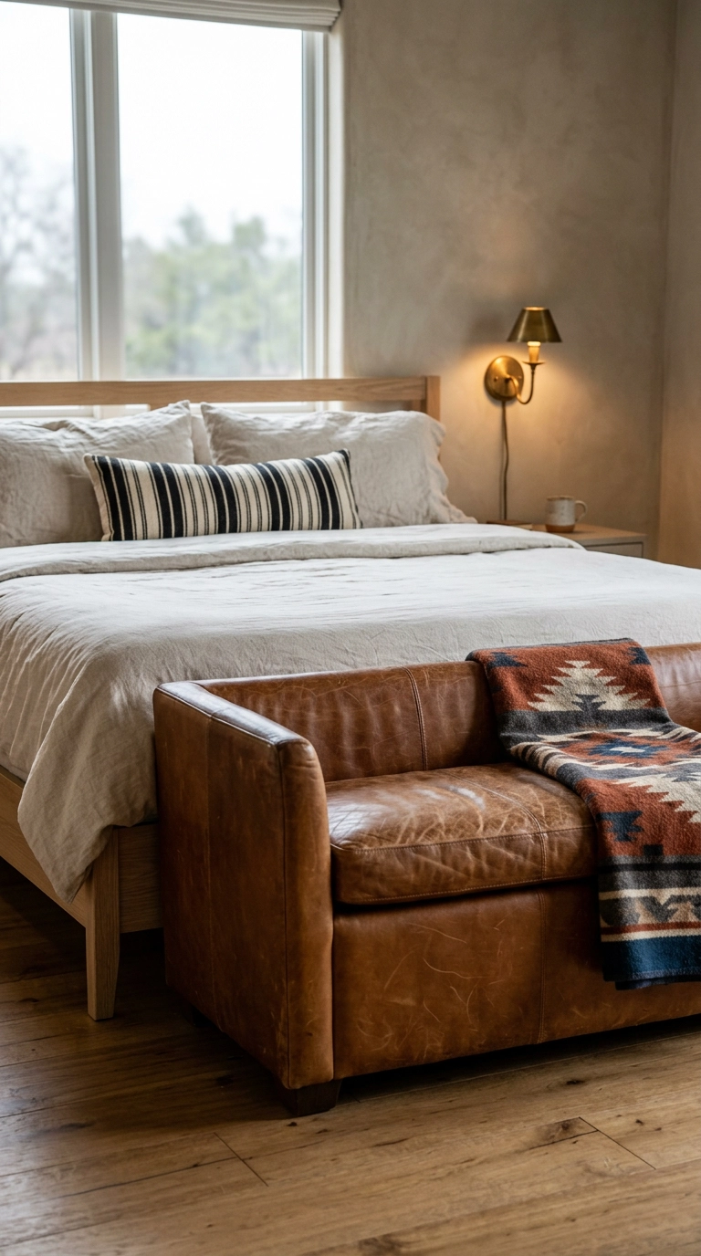 Cognac leather bench with a Southwestern wool blanket at the foot of an oak bed