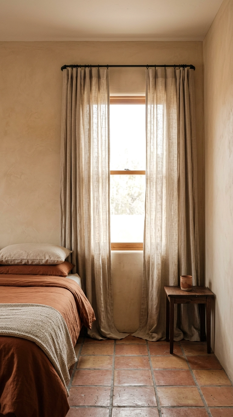 Raw linen curtains hung high on an iron rod in a Southwestern bedroom