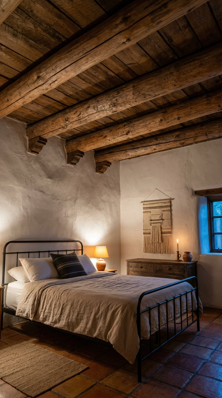Exposed wooden viga ceiling beams above a Southwestern bedroom with an iron bed
