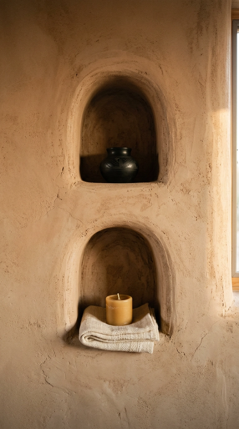 Arched plaster nicho wall niches holding a clay pot and candle in a Southwestern bedroom