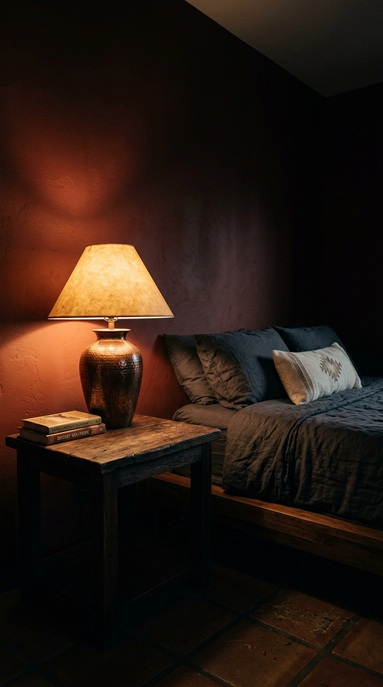 Warm copper bedside lamp glowing in a dark Southwestern bedroom at night