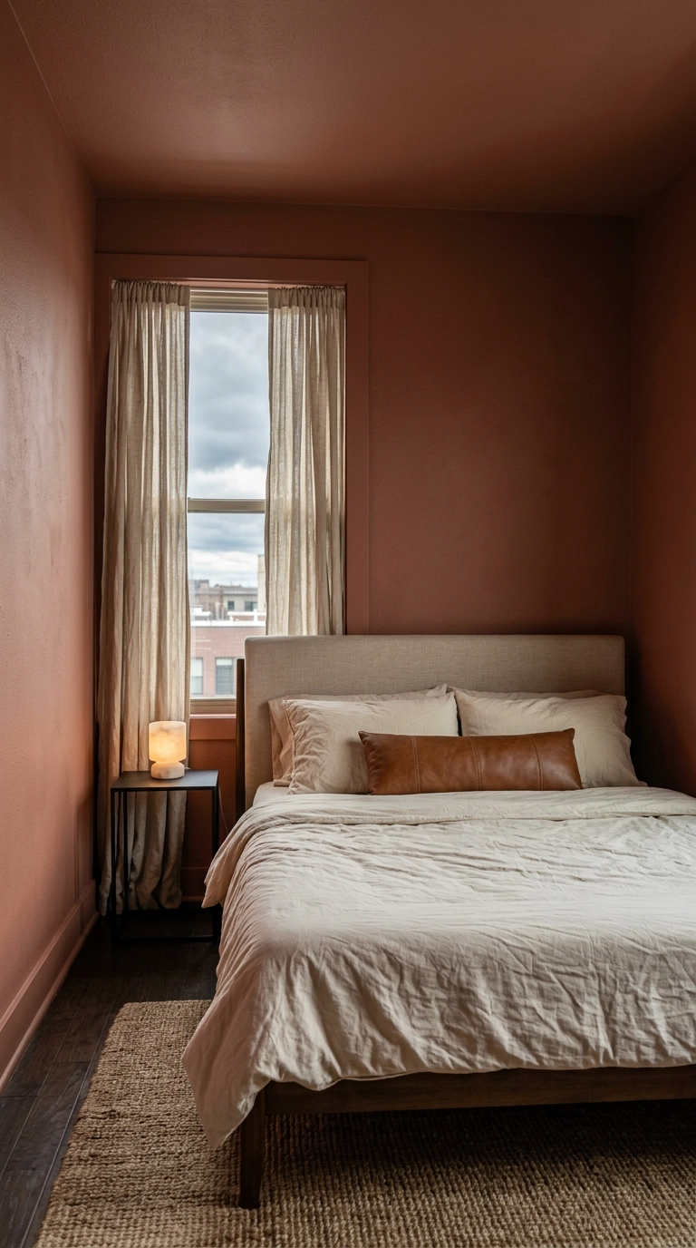 Southwestern bedroom color drenched in dusty terracotta clay paint including the ceiling