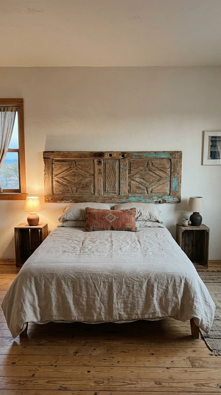 Salvaged carved wood door with faded turquoise paint used as a Southwestern headboard