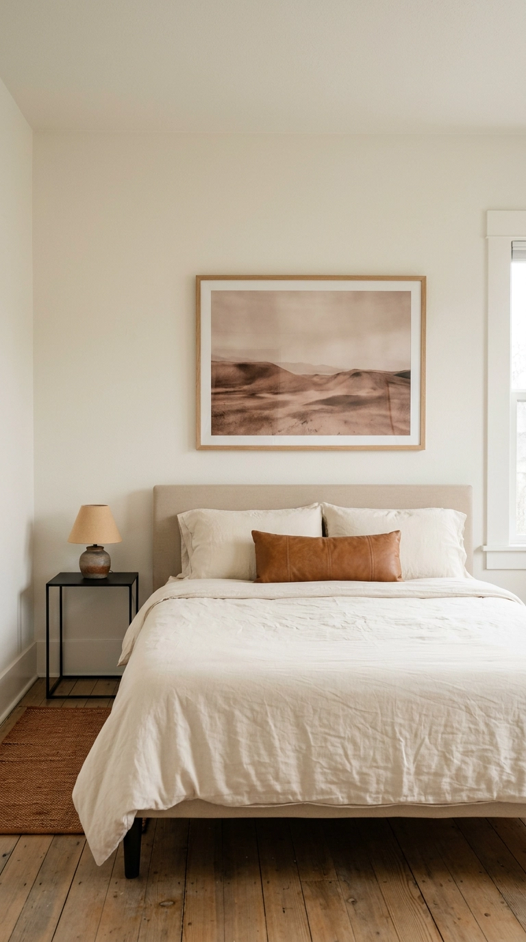 Framed sepia desert landscape photograph above an upholstered bed in a Southwestern bedroom