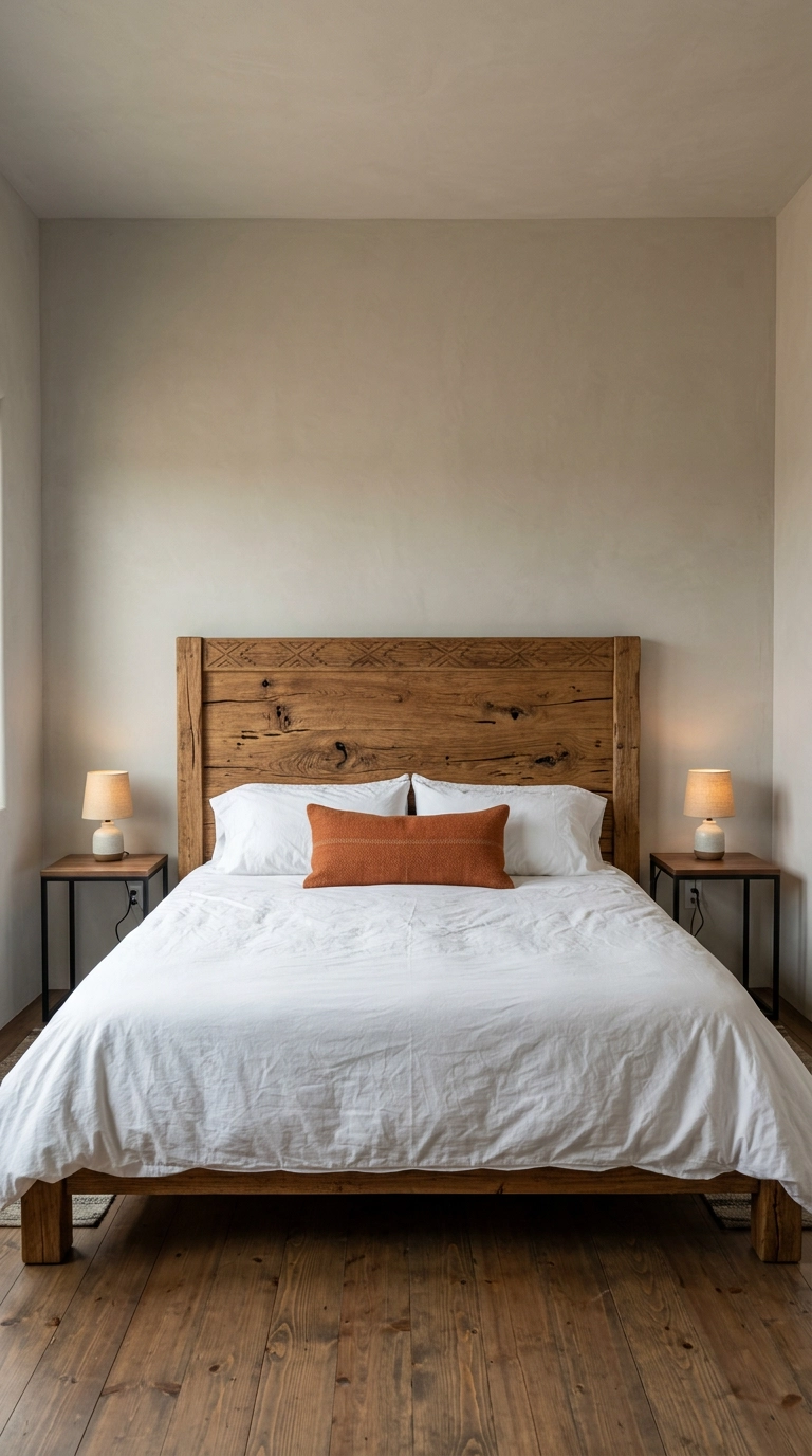 Carved mesquite wood headboard against a putty plaster wall in a Southwestern bedroom
