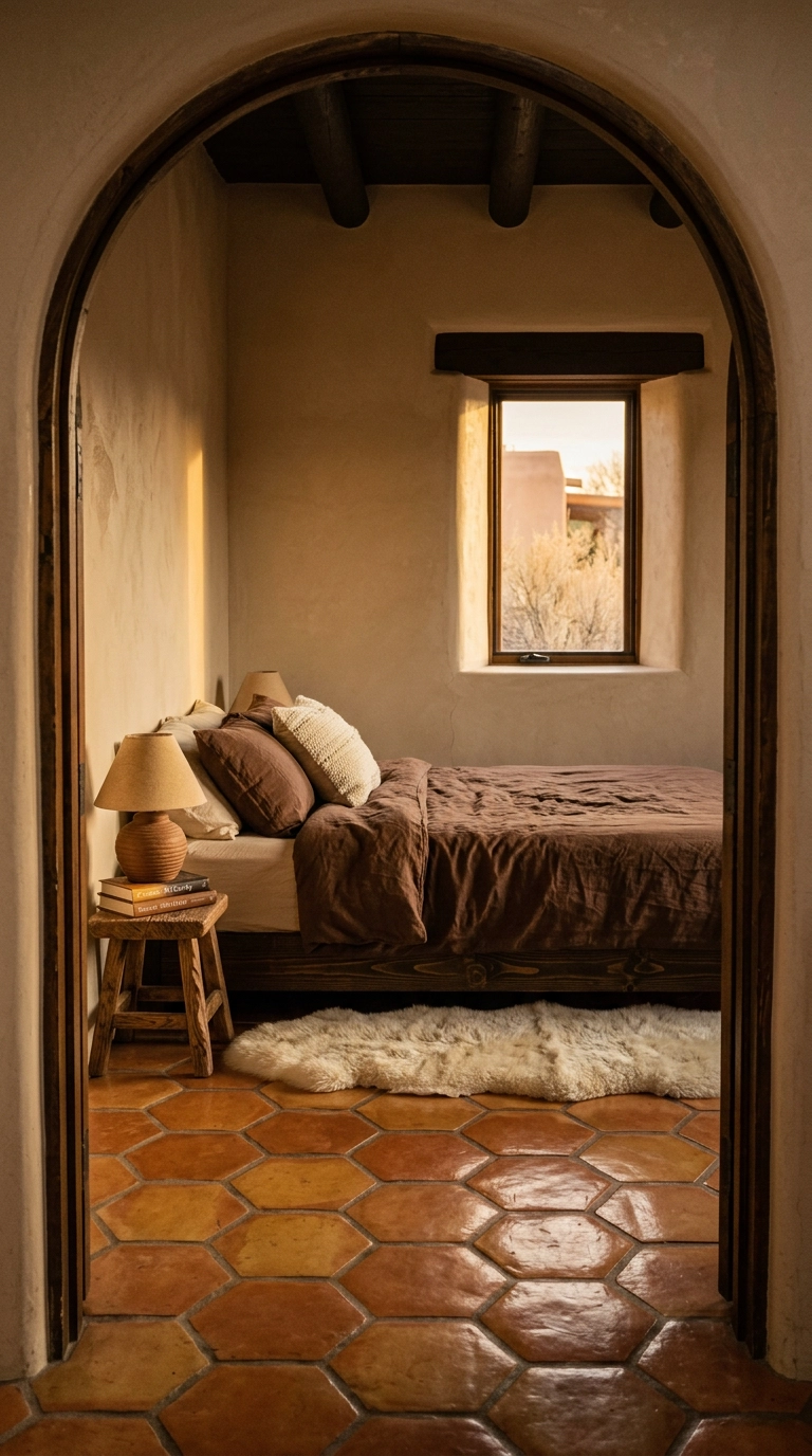 Saltillo tile bedroom floor with sheepskin rug beside a dark pine platform bed