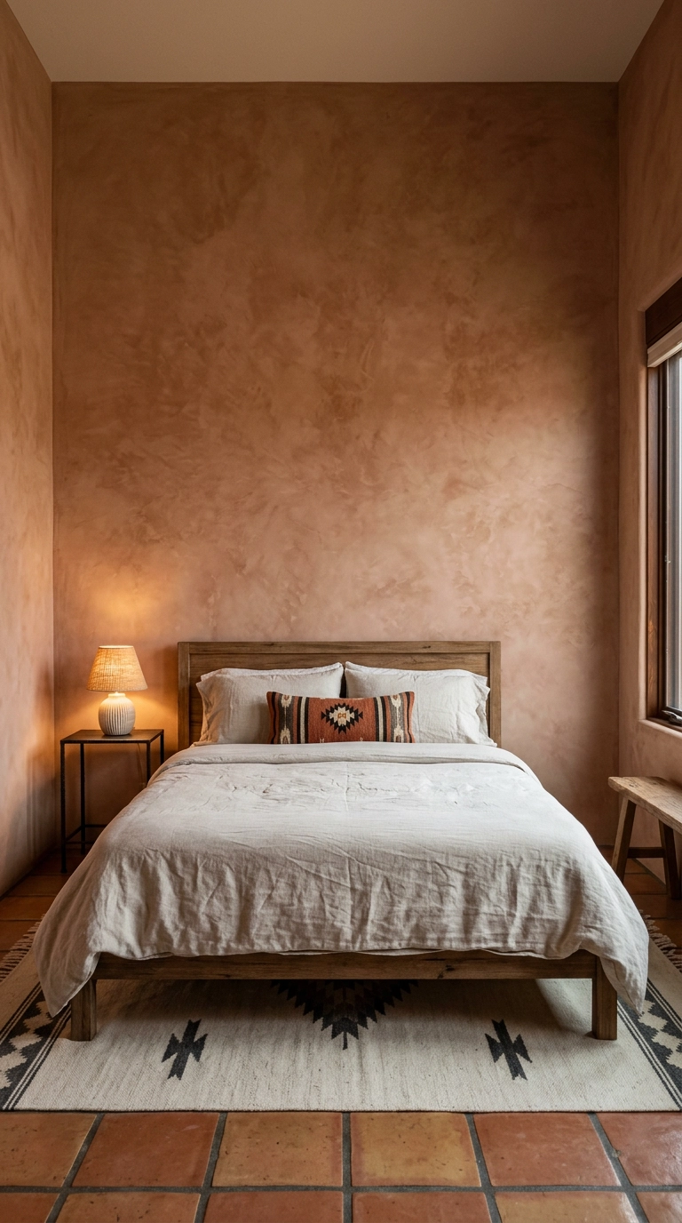Southwestern bedroom with adobe limewash plaster wall behind a mesquite bed