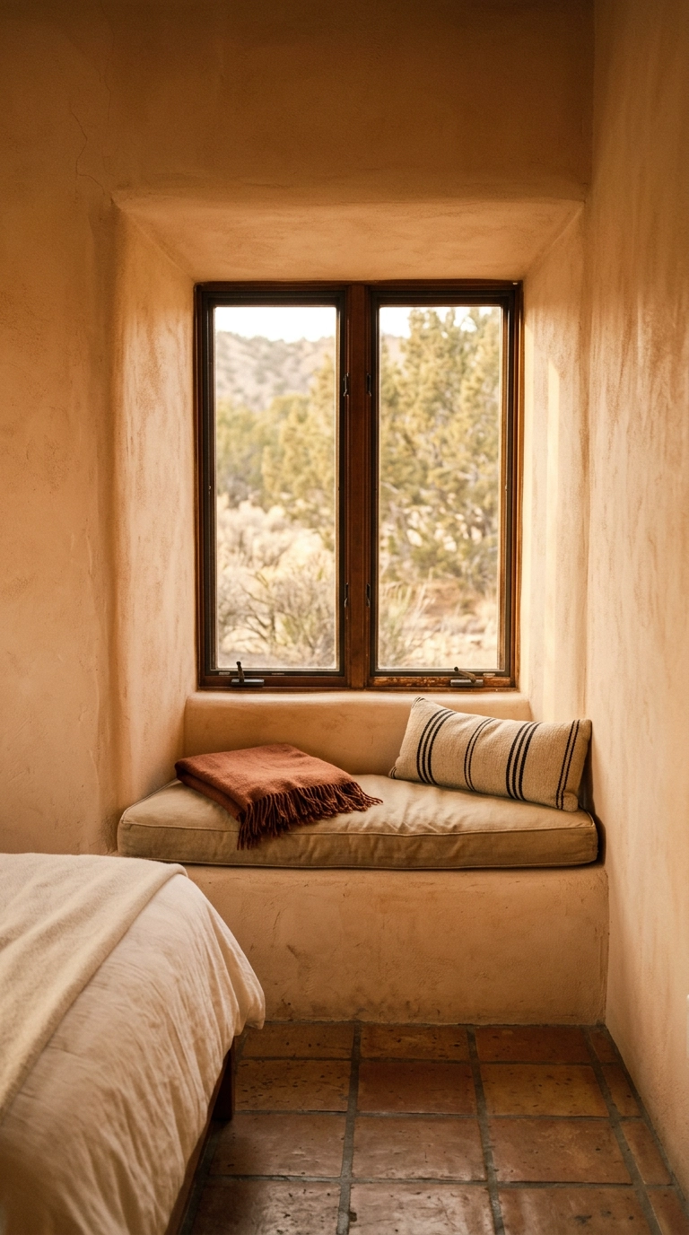 Deep plaster window seat with a sand canvas cushion in a Southwestern bedroom