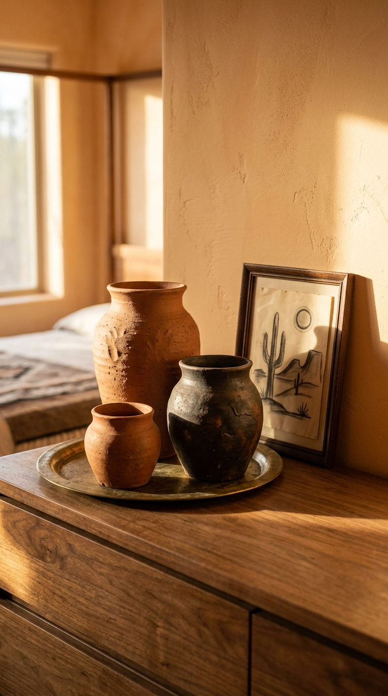 Three hand-thrown terracotta and blackware clay pots grouped on a bedroom dresser