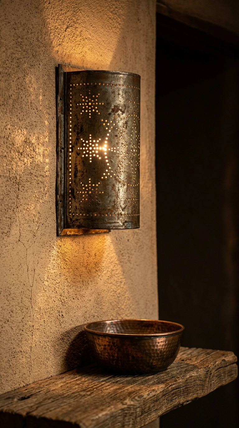 Punched tin wall sconce throwing pinpoint light patterns on a plaster bedroom wall