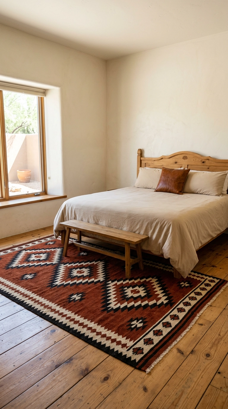 Geometric Southwestern wool rug anchoring a bedroom with a carved pine bed