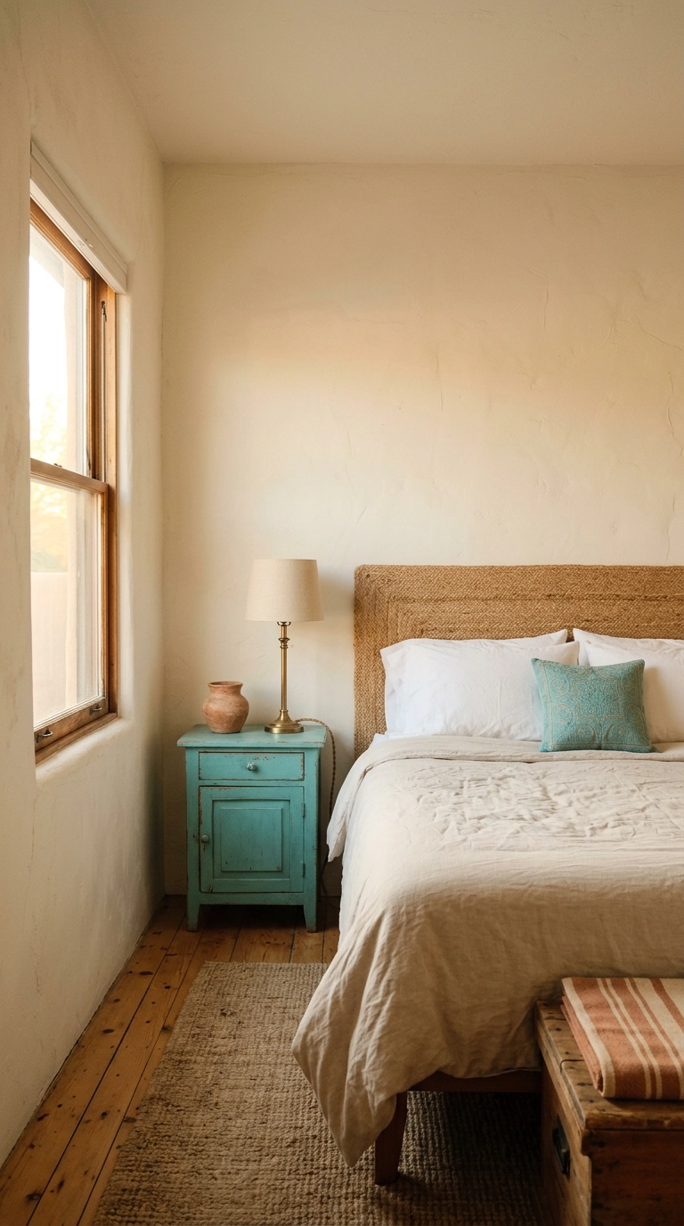 Small Southwestern bedroom with a muted turquoise nightstand as the only accent