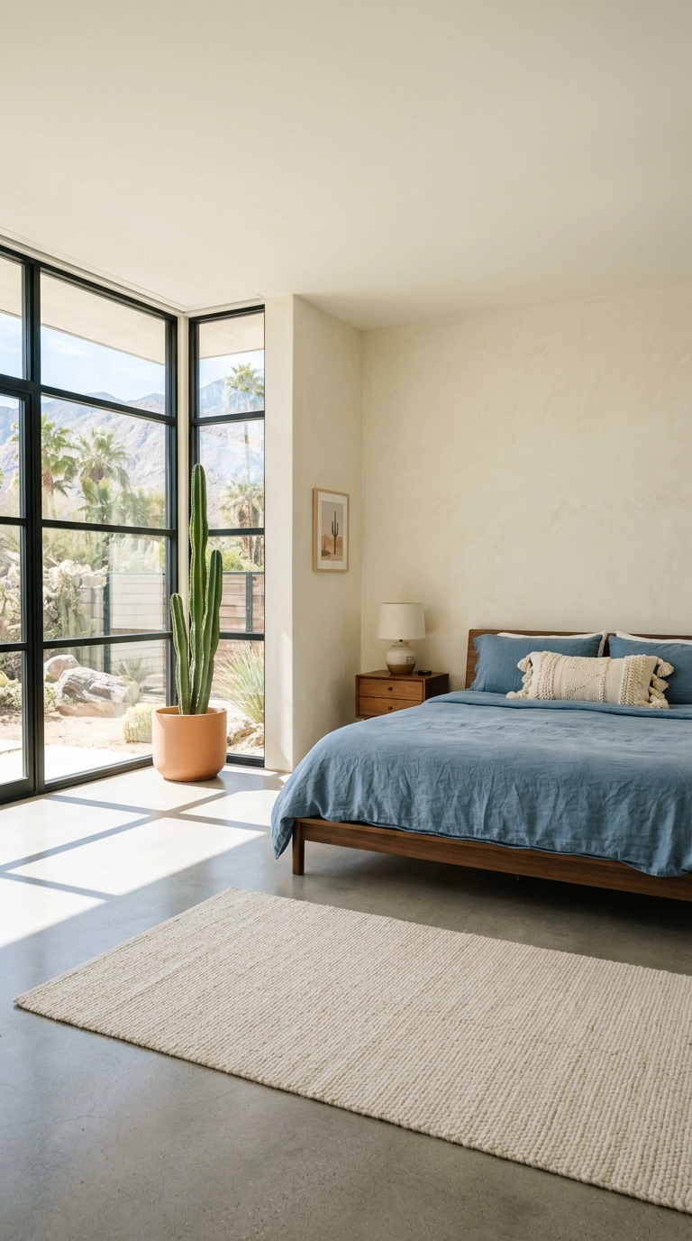 Single tall cactus in a terracotta pot in the corner of a Southwestern bedroom