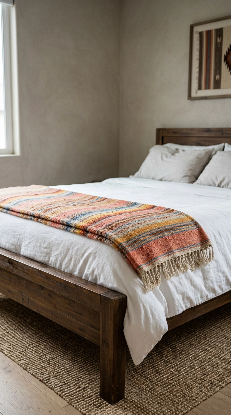 Folded coral and marigold striped wool blanket at the foot of a Southwestern bed