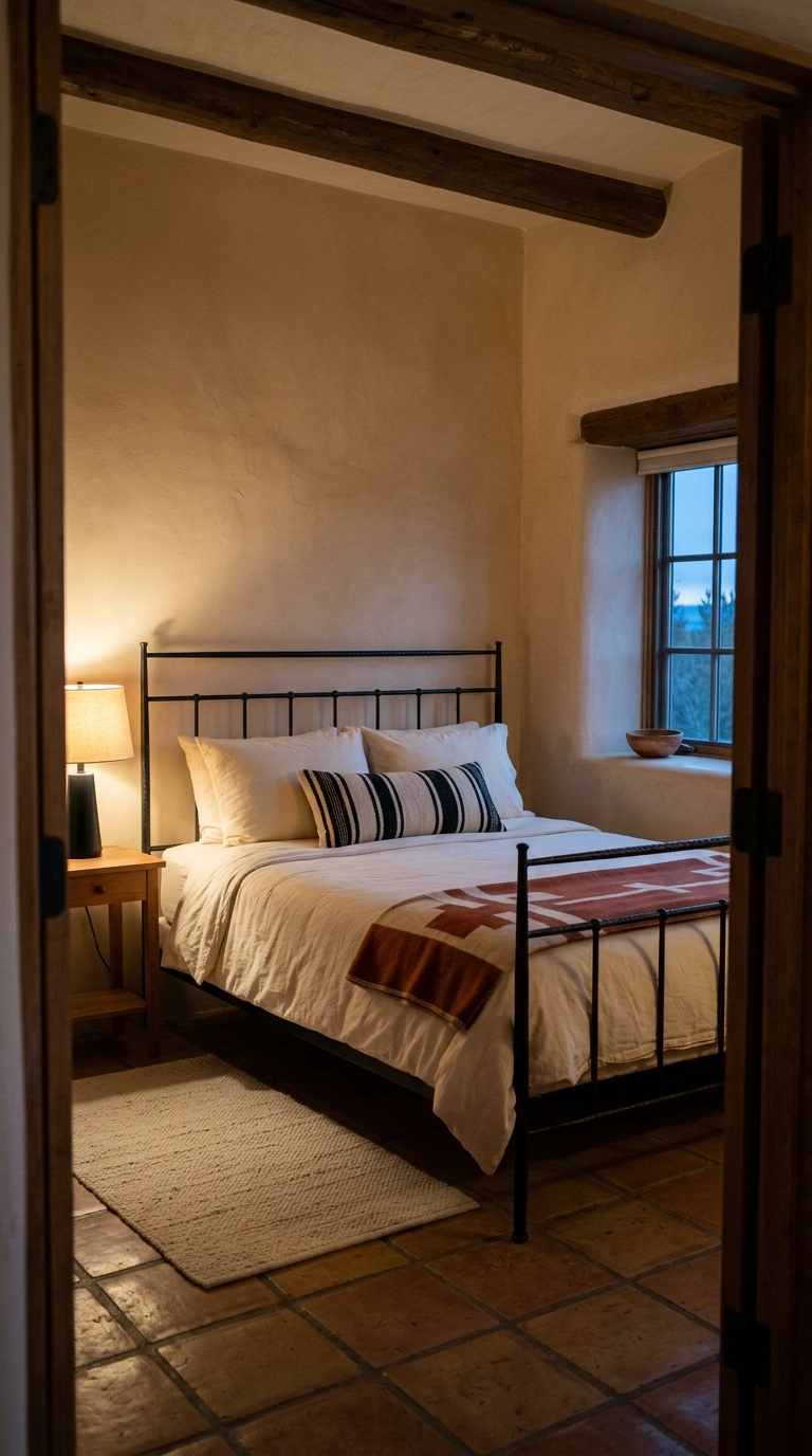 Black wrought iron bed frame in a Santa Fe style Southwestern bedroom
