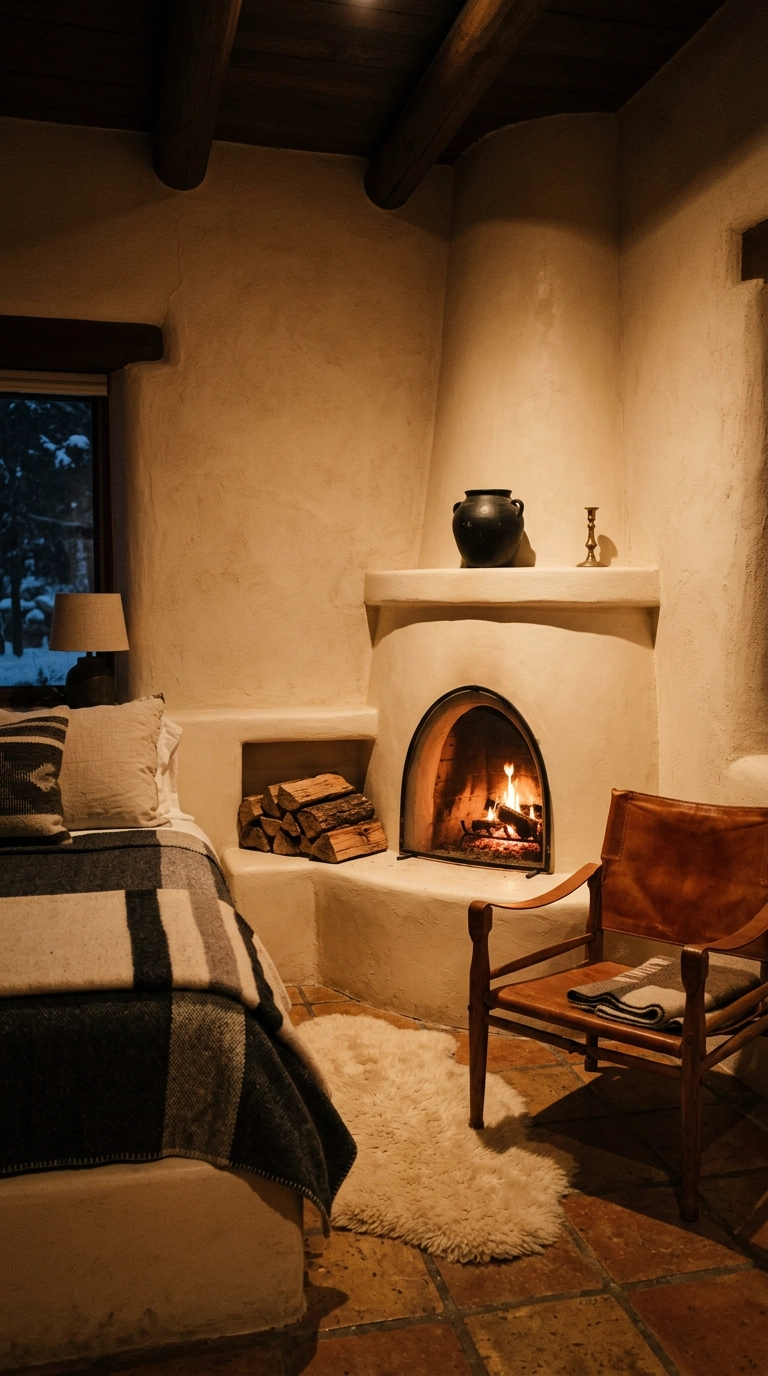 Rounded adobe kiva fireplace burning in the corner of a Santa Fe style bedroom